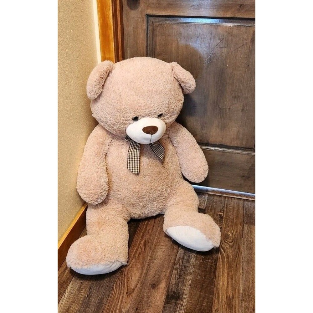 Cuddly Life Size Plush Teddy Bear With Bow - Cream - Picture 2 of 4